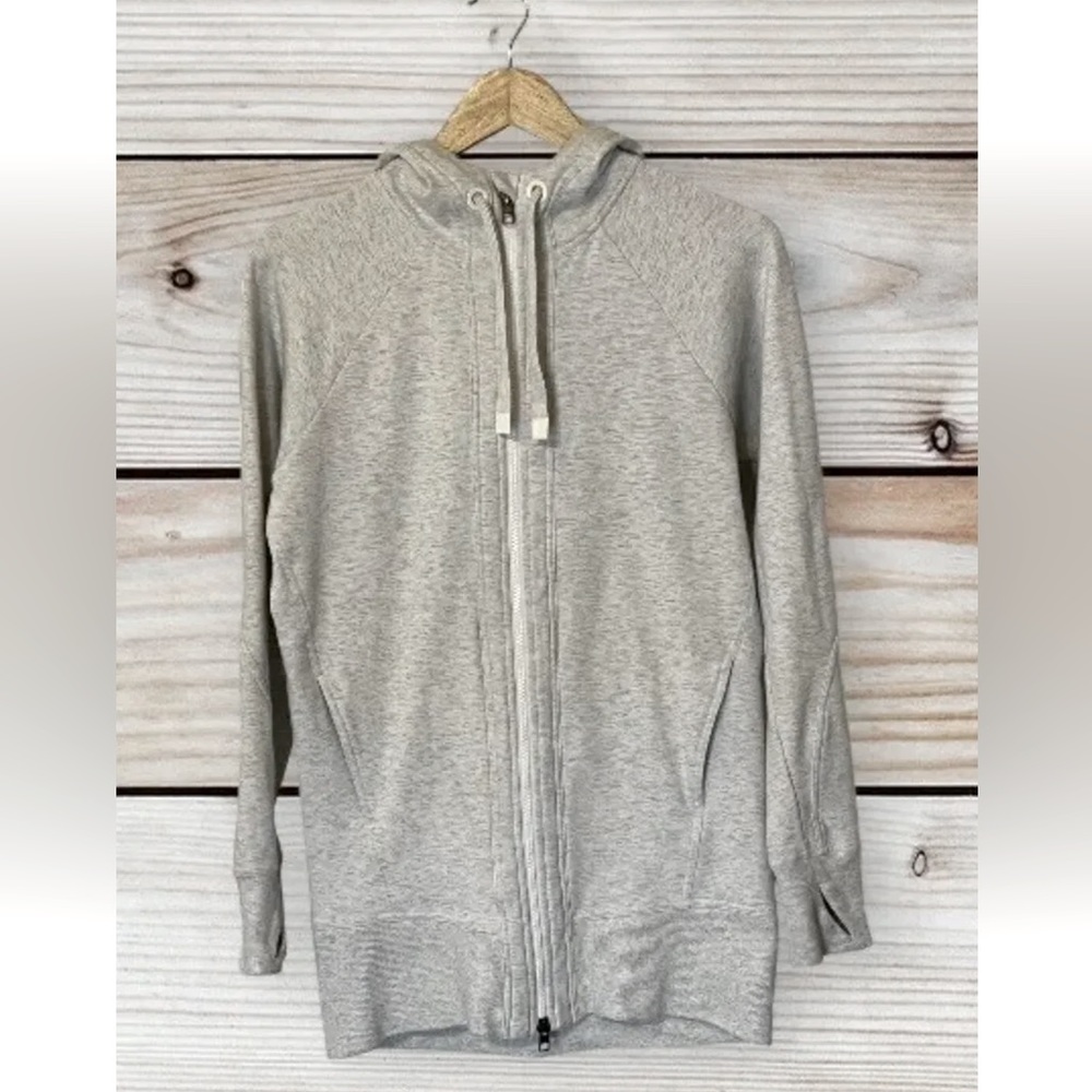 Athleta Womens Triumph Hoodie Ivory Gray‎ Full Zip Fleece Jacket Pockets Size XS
